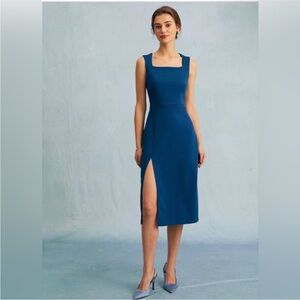 Rihoas Blue Square Neck Side Slit Sleeveless Midi Dress XS